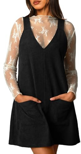 Navneet Latzkleid Damen Cordkleid Cordrock Herbstkleid Kurz Cord Ärmellos Träger Minikleid Winterkleid Overall Dress Schwarz M