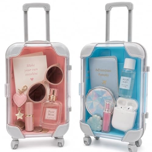 FloraVigo Reise Geschenk Reisekoffer Miniatur, Geldgeschenk Reise Urlaubskasse Spardose Reisekoffer als Geschenk für Urlaub, Reisekasse zum Verschenken von Geld (Blau Rosa)