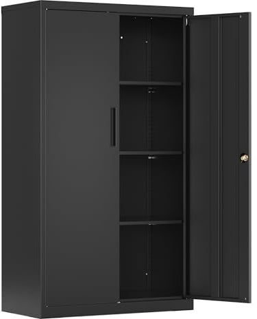 SONGMICS Aktenschrank, Metallschrank, Aufbewahrungsschrank, Büroschrank abschließbar, mit 2 Türen, aus Stahl, 80 x 40 x 140 cm, 3 verstellbare Ablagen, Mattschwarz OMC020BD01