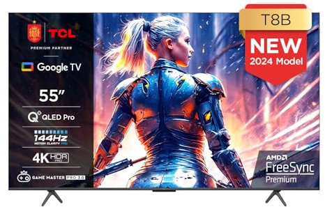 TCL 55T8B 55-Zoll QLED Pro 144Hz Onkyo Gaming Fernseher, 4K UHD, HDR Pro, Google TV (Dolby Vision IQ & Atmos, Motion Clarity, Freihändige Sprachsteureung, Kompatibel mit Google Assistant & Alexa)