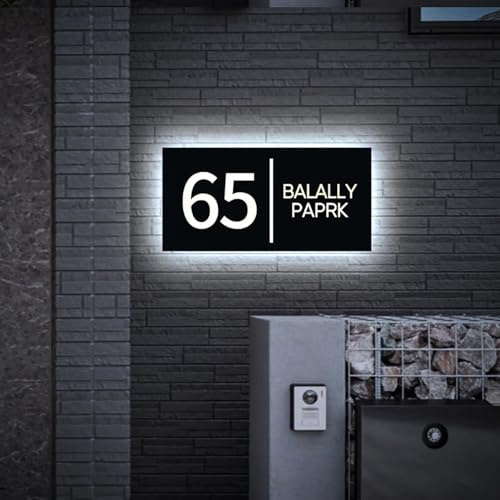BeNsil Modernes, hinterleuchtetes LED-Hausschild, personalisierbares beleuchtetes Adressschild, personalisierte Adressnummer und Straßenname, Hausnummernschild
