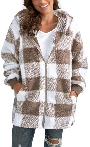 ABINGOO Damen Teddy Mantel Fleecejacke Kariert Übergangsjacke Plüschjacke | Warm Winterjacke Reißverschluss Flauschig Kuscheljacke mit Kapuze und Taschen
