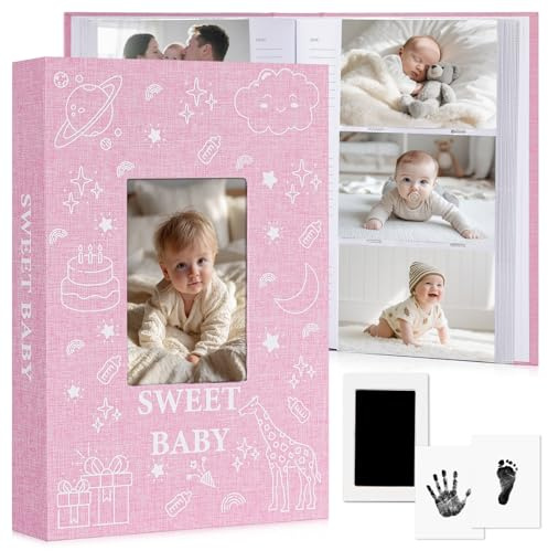 EARLY MINDS Baby-Fotoalbum 10x15 300 Taschen Einsteck-Erinnerungsbuch | mit Memo-Bereich & Hand- und Fußabdruck-Kit, Leinenabdeckung, Frontfenster, säurefrei für Jungen Mädchen