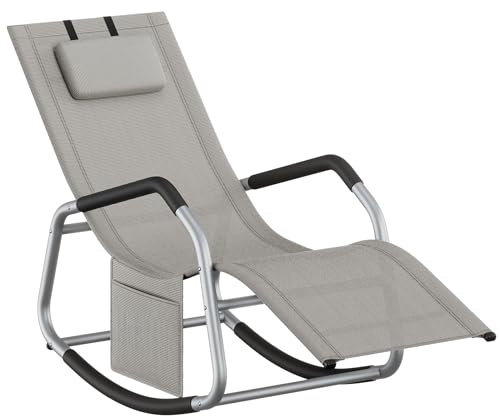 SONGMICS Schaukelliege, Liegestuhl, Schaukelstuhl, Stopper als Umkippschutz, verstellbare Kopfstütze, Stahlrahmen, atmungsaktiv, Seitentasche, für Garten, 151 x 56,2 x 97,3 cm, Taubengrau GCB230G01