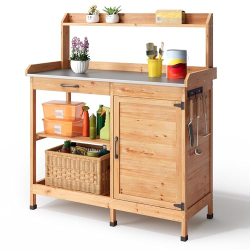 Blishom Gärtnertisch, Pflanztisch mit Schubladen & Unterschrank, Garten Arbeitstisch aus Holz mit verzinkter Arbeitsplatte, für Garten, Balkon, Terrasse, 112x46x125 cm, Natur