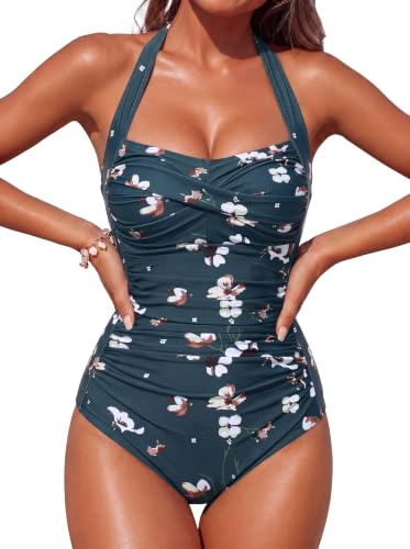 Smismivo Badeanzug Damen Bauchweg Push Up Schwimmanzug mit Retro Schlankheits Raffung Vintage Einteilige bademode Swimsuits for Women