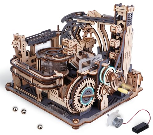 ROKR Elektrische Kugelbahn aus Holz, 3D Puzzle Marble Spaceport LGC01 | Zum eigenständigen Aufbau für Erwachsene; Night City 2.0 Design für Bastel- und Modellbau-Fans