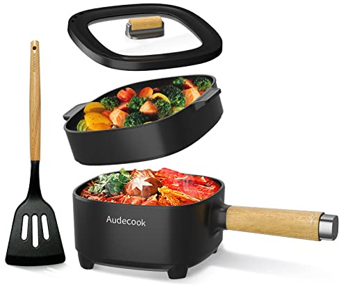 Audecook Elektrischer Hot Pot mit Dampfgarer, 2L/20cm Antihaft Elektropfanne mit Keramikglasur, Tragbarer Multikocher für Ramen, Steak, Ei, Haferflocken, Suppe, 350W/800W (Schwarz)