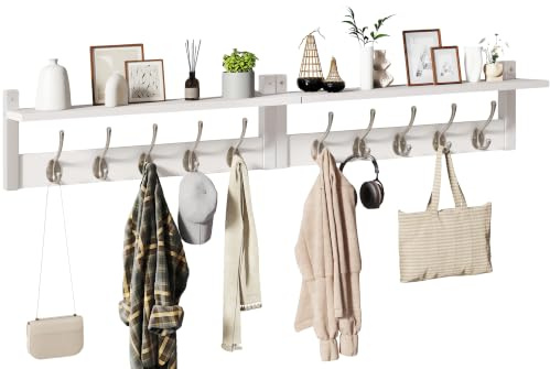 YMYNY 120cm Wandgarderobe Holz 2-in-1 mit Ablage, Weiß HWS004W-2 | Garderobenleiste Holz mit Ablage, 10 Doppelhaken. Ideal für Wandmontage. Garderobenhaken & Garderobe Wand für Flur & Diele