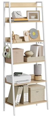 WOLTU Regal mit 6 Ebenen, Standregal mit 4 Haken, Helle Eiche+Weiß | Leiterregal Metallrahmen, im Industriestil, für Wohnzimmer Badezimmer Küche, 64x187,5x36 cm