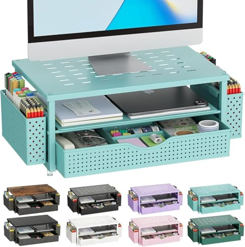Gianotter Monitorständer mit Schublade und Stifthalter, 2-stöckige Monitorerhöhung, ideal für Bürobedarf, Schreibtischzubehör (Blau)