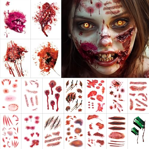 Narben Tattoo Halloween, Realistisch Wunden Tattoo Halloween Schminke, Zombie Kunstblut Halloween Tattoo Gesicht, Halloween Kostüm Accessoires, Körper Make-up Requisiten - 18 Blatt