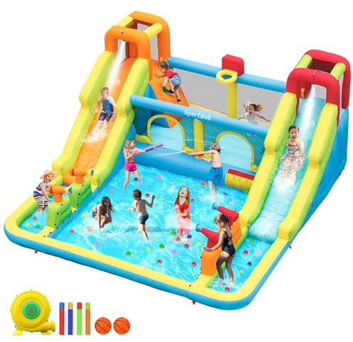 SportBob Hüpfburg Große mit Wasserrutsche und Gebläse, Hüpfburgen XXL mit 4 Wasserspritzkanonen, 2 Kletterwand, Basketballkorb, Springen, Planschbecken für Kinder Outdoor Indoor, 452x416x210cm