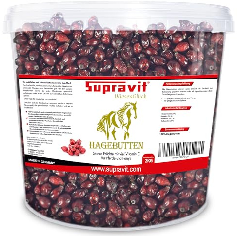 Supravit Hagebutten Pferd | Mit viel Vitamin C für Pferde und Ponys | 2kg Eimer I Ganze getrocknete Früchte - natürliche Pferdeleckerlis ohne Zucker | Erstklassige Qualität