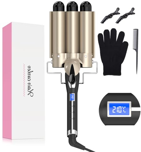 Welleneisen 3 Fässer Lockenstab Φ32mm GROẞE WELLEN, AIMERVO Waver LCD 14 Temperaturstufen 80-210℃, für mittellange/lange dicke/dünne Haare, Curler mit Keramikbeschichtung, Hitzehandschuh, Haarklammer