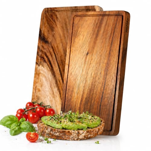 Frühstücksbrettchen Holz - 25x15cm – Hochwertige Akazie am Stück (2er Set) | Langlebiges Holzbrettchen | Vesperbrett | Brotzeitbrett