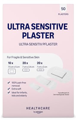 Healthcare By Amazon Ultra Sensitive-Pflaster – Geeignet für Säuglinge, Kinder und Senioren, 3 Größen – 50Stück (1er Pack) (Zuvor eine Marke von Amazon Basic Care, gleiches Produkt)