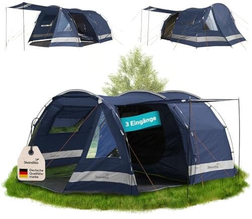 Skandika Kambo Tunnelzelt für 4 Personen | Dunkle Schlafkabine mit Silberbeschichtung, 3000 mm Wassersäule, 3 Eingänge, Sonnendach, Vorzelt, mit Einlegeboden | Campingzelt in dunkelblau