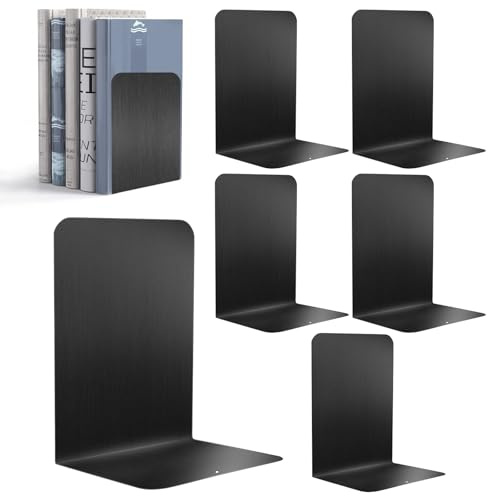 Sprifityy 6 Stück Buchstütze aus Metall,17 * 13.5 * 10.2cm,Schwarz | mit Rutschfester Matte Buchstütze,Leseständer Notenständer,für Schule, Büro und Zuhause