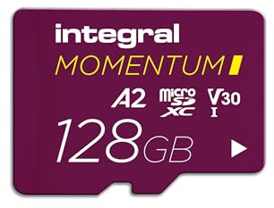 Integral Momentum I 128 GB microSDXC-Karte – bis 210 MB/s lesen, 180 MB/s schreiben, V30, U3, A2 – 4K/5K UHD für GoPro, DJI-Drohnen, Action- & 360°-Kameras – wasserdicht, stoßfest, robust
