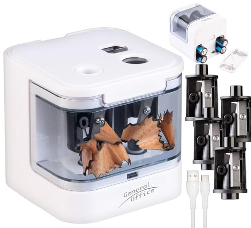 General Office Anspitzer: Bleistiftspitzer, USB- & Batterie-Betrieb, 6-12 mm Ø Stifte, weiß (Elektrischer Spitzer, Automatische Bleistift-Spitzer, Messer)