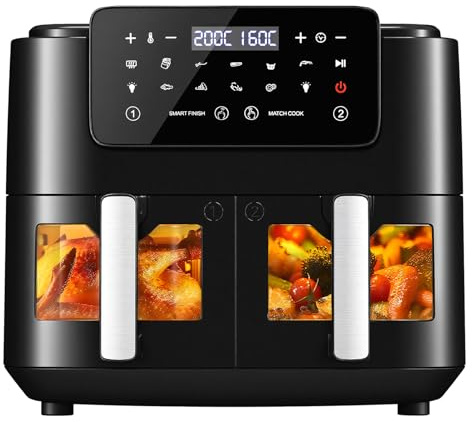 LLIVEKIT 9L Heißluftfritteuse 2 Kammern mit Sichtfenster, 4.5L+4.5L Airfryer 9-in-1, Backofen XXL ohne Öl, Heißluft-Backofen mit Touchscreen, Timer-Funktion