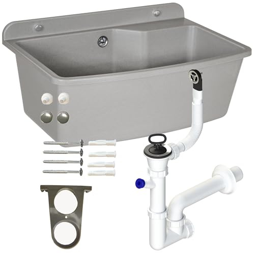 Waschbecken mit Siphon Ausgussbecken aus Kunststoff grau Granit Farbe, 61 cm Länge hängen Wasserinstallation Küche Badezimmer robuste Waschtrog