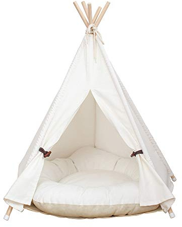 little dove,Hunde-Tipi-Zelt, Hause und Zelt mit Spitze für Hund oder Haustier, abnehmbar und waschbar mit Matraze,Weisse (L)