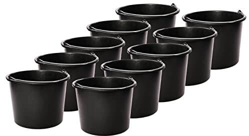Baueimer - schwarz - 10er Set - 12 Liter - Mörteleimer - Metallbügel - Griffrolle - Litereinteilung - sehr robust - für den Transport von Bauschutt, Wasser oder Anderen Materialien