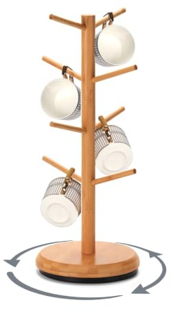 BAMBANG Tassenregal aus Bambus Metallbasis Drehbar Groß,Tassenhalter Holz mit 8 Haken,Tassenständer Tassenbaum Tassen Regal Organizer Aufhängen Ständer Halter,Brezelständer Schmuckständer Natürlich
