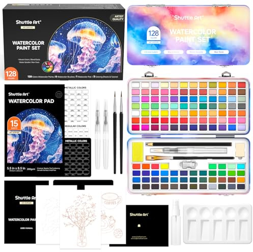 Shuttle Art Aquarellfarben Set, 128 Wasserfarben mit 80 Farben + 48 Metallicfarben, Reise Aquarell Set mit Wasserpinseln, Palette, Aquarellblock für Erwachsene, Kinder, Wasserfarbkasten Tuschkasten