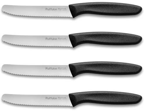 Ruffulon Tafelmesser 4 Stück,22cm Frühstücksmesser Wellenschliff,Schwarzes | 11cm Edelstahl Klinge Schneidemesser,Robust Polypropylengriff,Vesper-&Tomatenmesser,Gewichtsgleichgewicht Besteck Messer set
