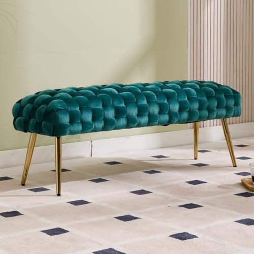 DAYALANE Sitzbank Samt Polsterbank mit vergoldeten Metallbeinen Bettbank Gewebtes Design Schlafzimmer Sitztruhe Flur 120cm, Grün