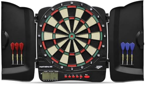 Carromco Elektronische Dartscheibe Panthera-301 – Softdartboard mit 4-Loch-Abstand für 1–8 Spieler, 32 Spiele & 500 Varianten, inkl. Softdarts, rot-grün-beige-schwarz, 46x44,8x3,8cm