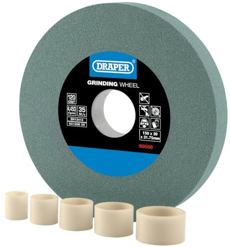 Draper Tools Expert Siliziumkarbid-Tischschleifscheibe, 150 x 20 mm | Körnung 120, 31,75 mm Bohrung, inkl. 5 Reduzierringe, für Hartmetallwerkzeuge und Nichteisenmetalle