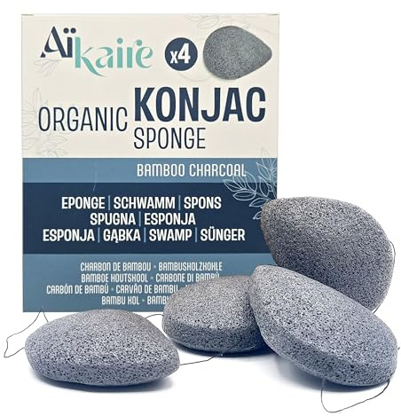 Bio-Konjac-Schwamm für das Gesicht kombiniert mit Aktivkohle | Set mit 4 Schwämmen in Tropfenform | Natürlich reinigender Gemüseschwamm