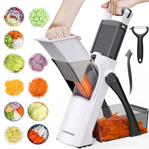 afe Veggie Chopper Gemüseschneider, Pommes Frittierschneider, Zwiebelhacker | Gemüsehobel, multifunktional,0,1 – 8 mm Mandoline Schneider Tomaten Potato Frites-Schneider (Alles in 1 schwarz weiß)