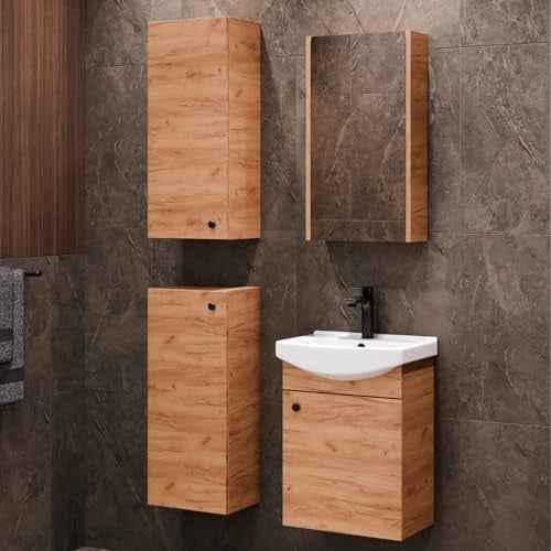 Planetmöbel Badmöbel Set Waschtisch mit Unterschrank | 45 x 60 x 33 cm, Spiegelschrank 40 cm, 2x Midischränke für Badezimmer, Gäste WC & Bad, Gold Eiche