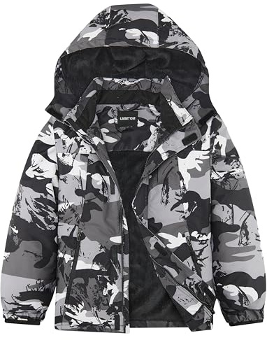 UMMTOM Wasserdichte Skijacke für Jungen, warm, Winter-Fleece, Schneemantel, Kinder, Outdoor, mit Kapuze, Snowboardjacke, Weiß, Camouflage, 10-12