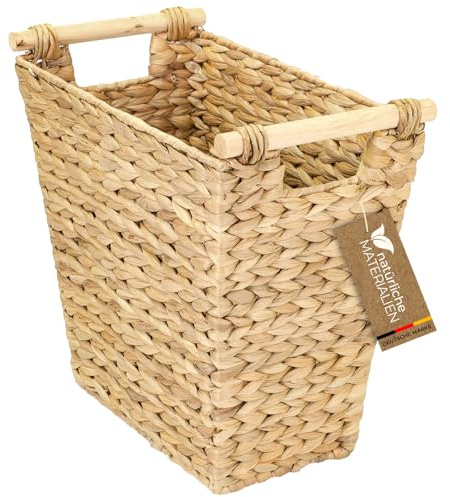 HMF Papierkorb Büro, Aufbewahrungskorb mit Holzgriffen geflochten aus Wasserhyazinthe | Trapez | 36 x 19 x 33 cm
