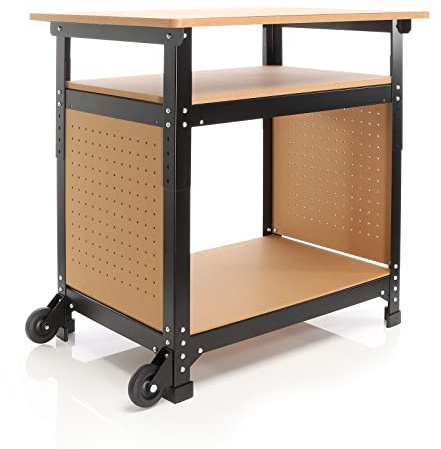 XPOtool Fahrbare Werkbank 69 x 51 x 66-82 cm, höhenverstellbarer Werktisch, Arbeitstisch mit 2 Rollen, 2 Ablagen und seitliche Lochwand