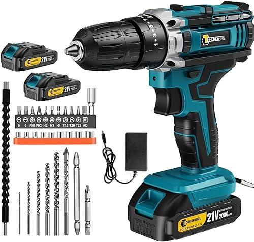 21V Akkuschrauber Set, 45N.m Akku Bohrschrauber Set, 25+3 Drehmomentstufen Klein Akkubohrer mit 2 * 2.0Ah Akku und Ladegerät Bohrmaschine Schlagbohrschrauber LED-Licht
