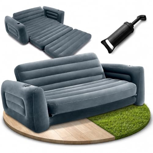 JoyMotion Aufblasbares Sofa Camping mit Pumpe – 2 in 1 Bett und Sofa aufblasbar Outdoor Indoor – Bequeme Camping Couch – Weiche, geflockte Oberfläche – Gästebett aufblasbar (Grau)