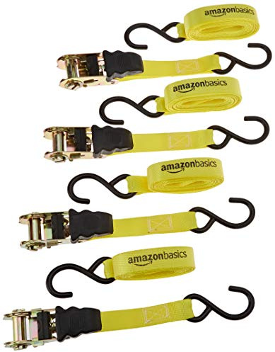 Amazon Basics Spanngurte mit Ratsche, 4er Pack, 4,5m x 25mm, 635 kg Belastbarkeit, Zurrgurte mit S-Haken, Automatische Verriegelung, Schnellverschluss, für Anhänger, Motorrad, Ladung, Gelb