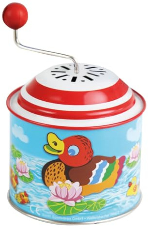 Lena 52761 Musikdrehdose Kleine Enten, Musikdose ca. 10,5 x 7,5 cm, Blechdrehdose mit Melodie, Drehdose aus Metall, Drehorgel für Kinder ab 18 Monaten, Motiv Entchen, Orgel, Spieluhr, Bunt