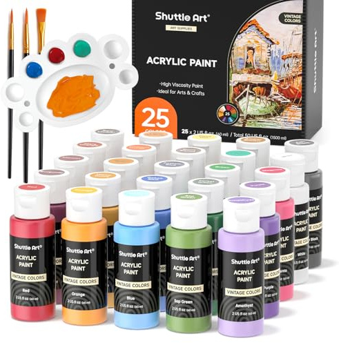 Shuttle Art Acrylfarben-Set, 25 Vintage-Farben, Acrylfarben, 60 ml Flaschen, reich pigmentiert, Premium-Acrylfarben für Künstler, Anfänger und Kinder auf Felsen, Basteln, Leinwand, Holz, Keramik