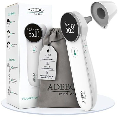 ADEBO Medical® Fieberthermometer Stirn & Ohr | 3-in-1 Infrarot-Thermometer kontaktlos | Für Babys, Kinder & Erwachsene | Misst Körper-, Objekt- & Raumtemperatur | Digitales Thermometer mit LED & Alarm