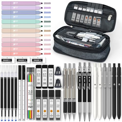 Four Candies 45 Stück Schulsachen mit Mäppchen, 12 Pastell Textmarker, 5 Gelstifte, 6 Druckbleistift Set, Stifte und Coole Sachen für Teenager Mädchen School Stuff Office Adult (Schwarz)