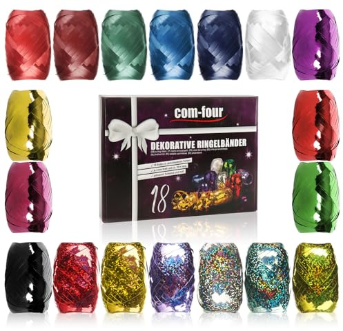 com-four® 18x Ringelband in bunten Farben - 20 m je Rolle - Set Geschenkbänder in Geschenkverpackung - zum Basteln und Verpacken - funkelndes Polyband für Schleifen und saisonale Deko (Festlich)