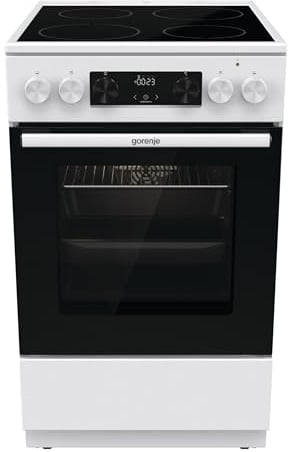 Gorenje GEC5C43WGAMZ Elektro-Standherd mit Glaskeramik-Kochfeld, 50 cm, 70 Liter, Schnellaufheizung, Pizzamodus 300°C, Auftauen, AquaClean, Knebel, 8 Beheizungsarten, weiß